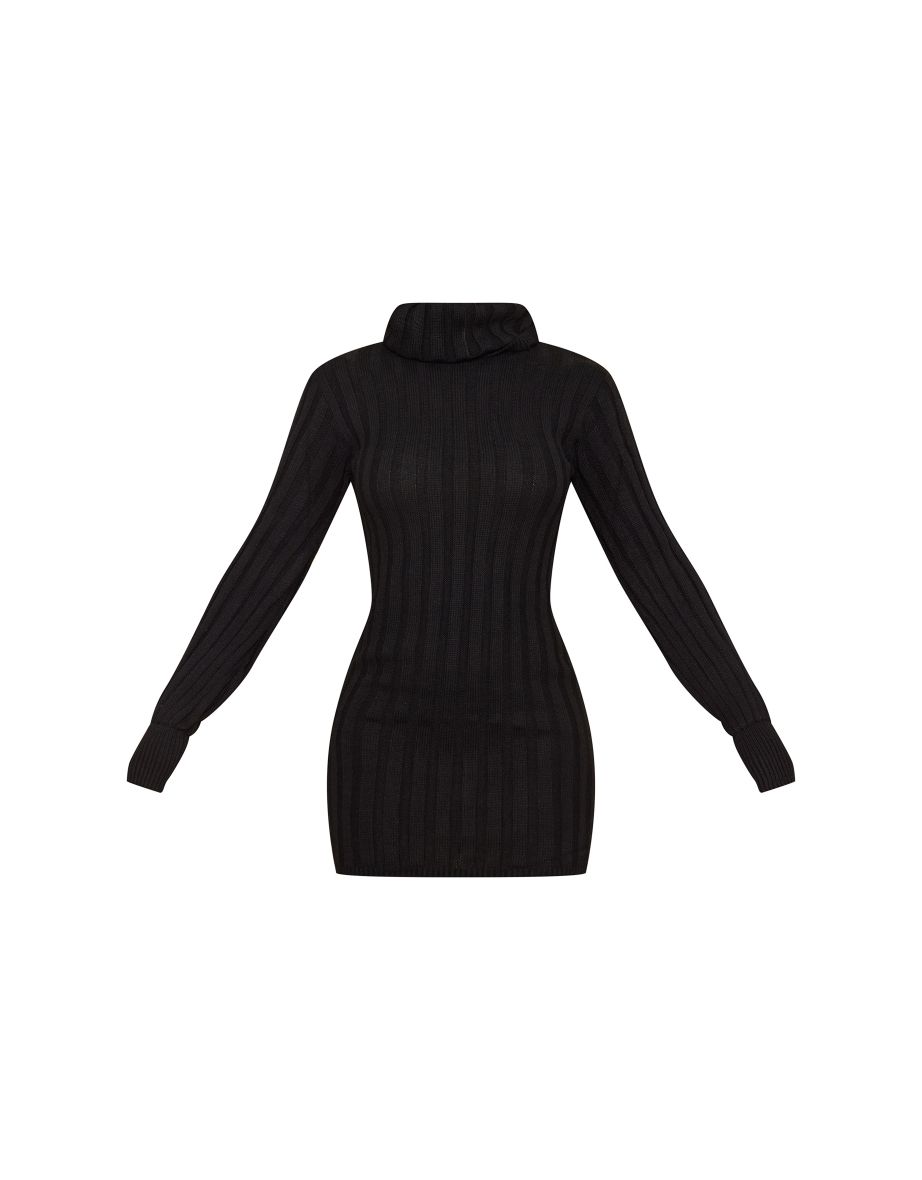 Black Knitted Roll Neck Jumper Dress - 3