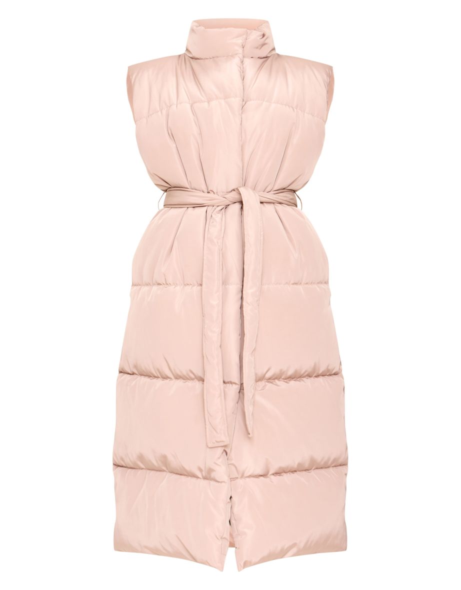 Taupe Quilted Longline Tie Waist Gilet - 4