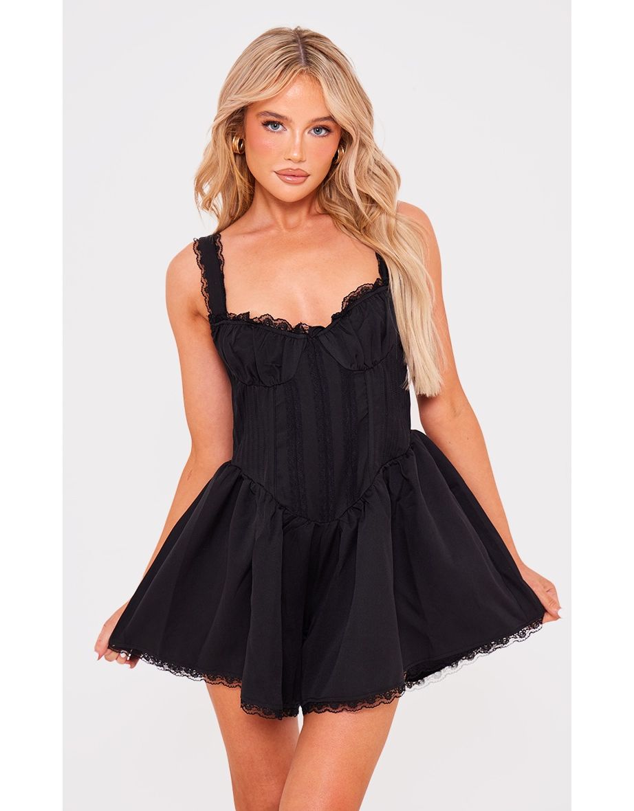 Black Woven Lace Detail Strappy Playsuit