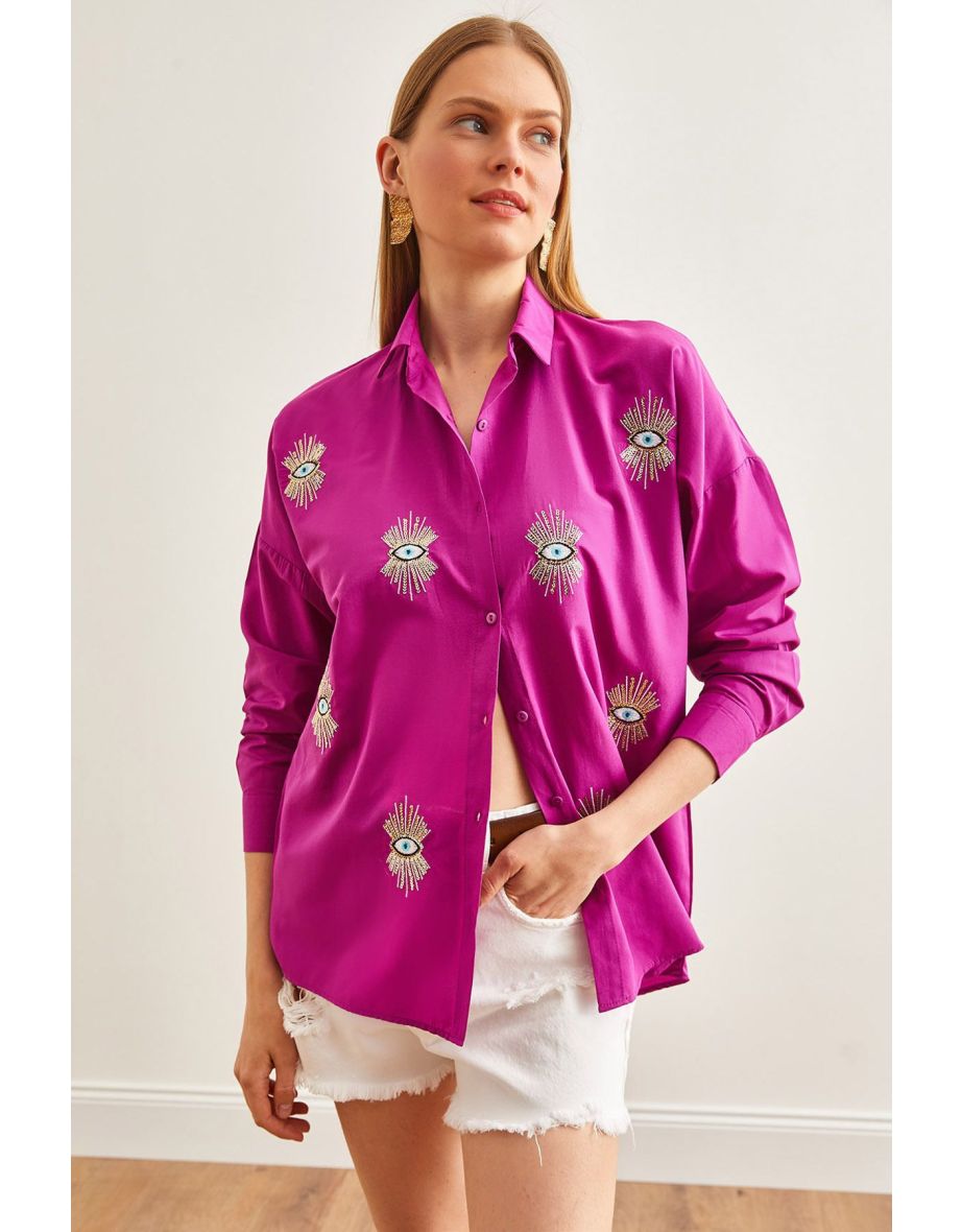 Women's Eye Violet Sequin Detailed Woven Boyfriend Shirt