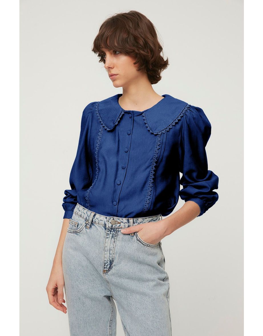 Dark Navy Blue Lace Detailed Woven Shirt - 4
