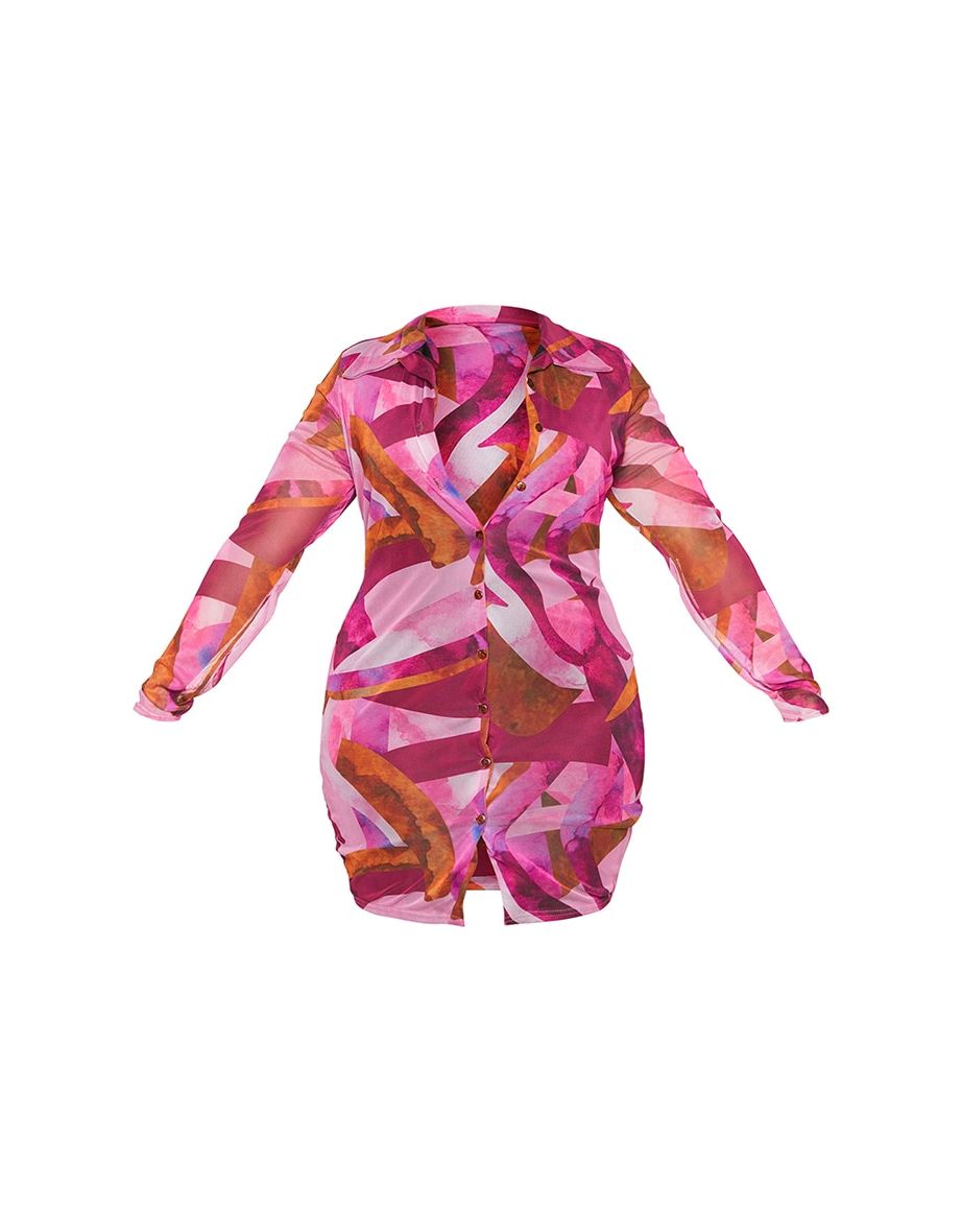 Plus Pink Abstract Mesh Button Down Shirt Dress - 2