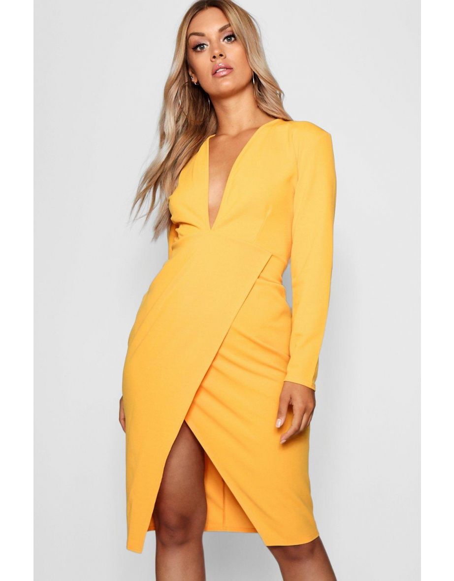 فستان ميدي بياقة عميقة - اصفر خردلي - 3