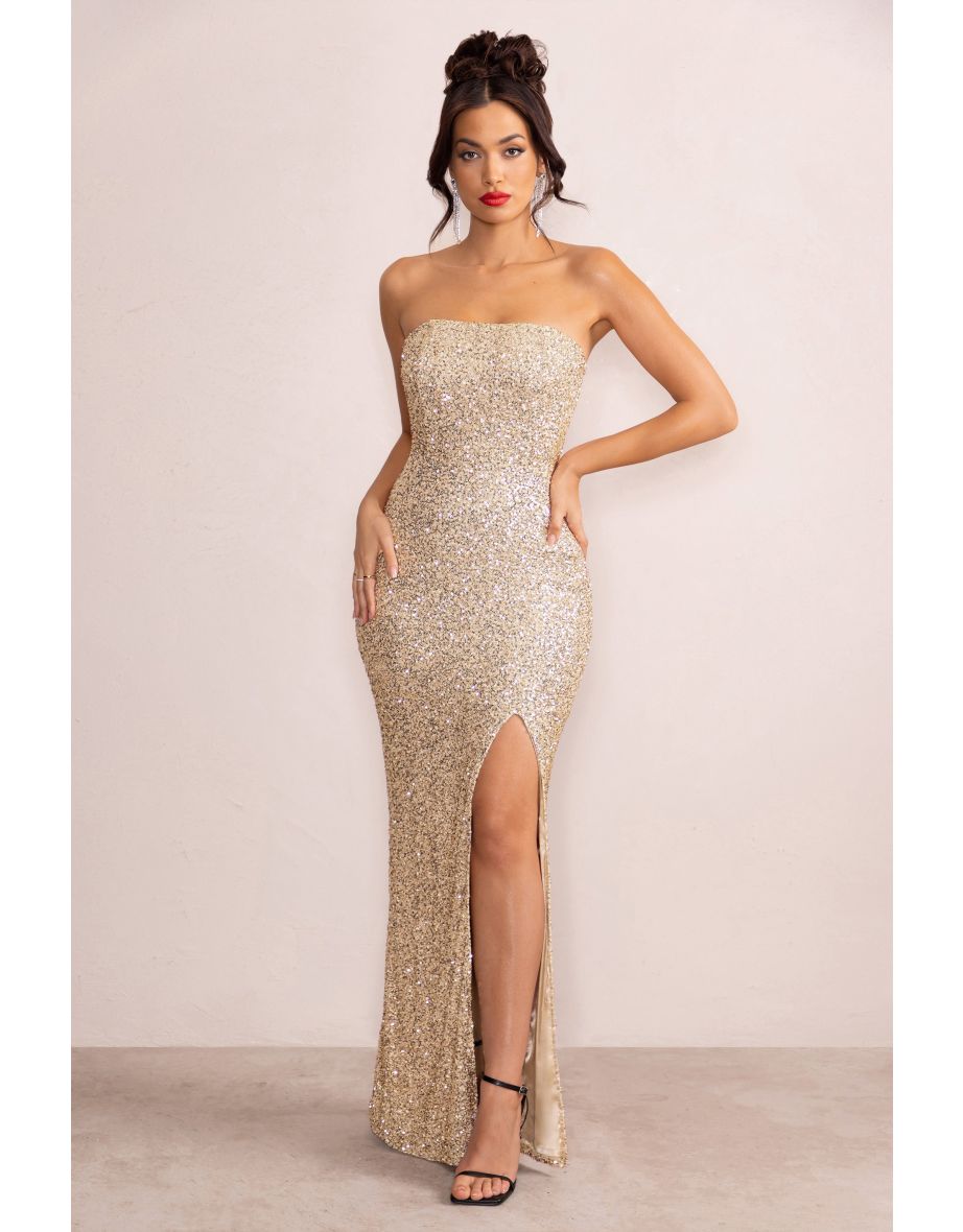 Almira | Champagne Sequin Bandeau Maxi Dress With Split Hem