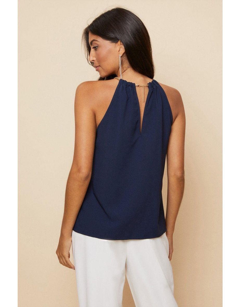 Navy Satin Chain Detail Top - 2