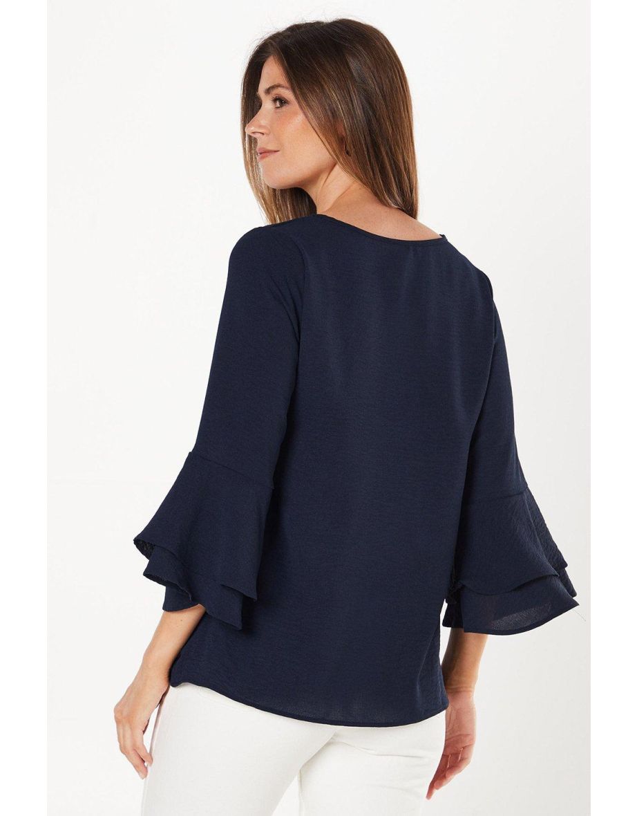Navy Flute Sleeve Blouse - 3