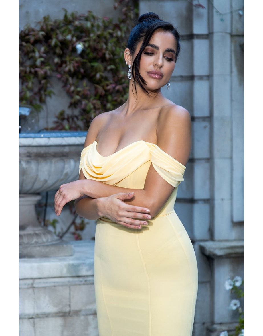 Goddiva Chiffon Bardot Cowl Neck Maxi Dress - Lemon - 5