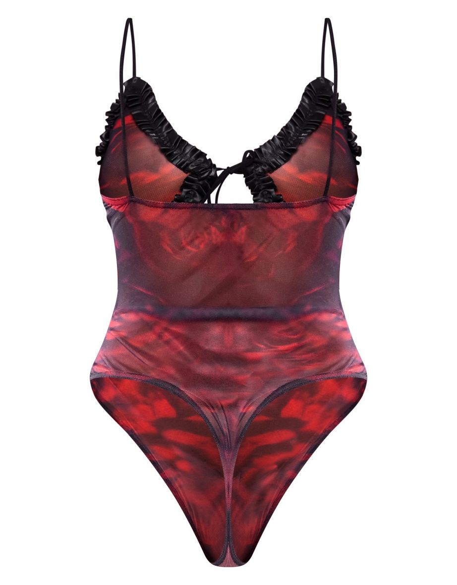 Red Printed Ruffle Spaghetti Strap Bodysuit - 5