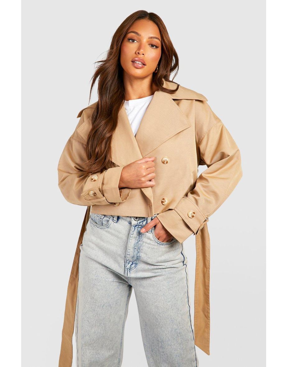 Shop Tall Crop Oversized Belted Trench Coat camel Online in Qatar VogaCloset