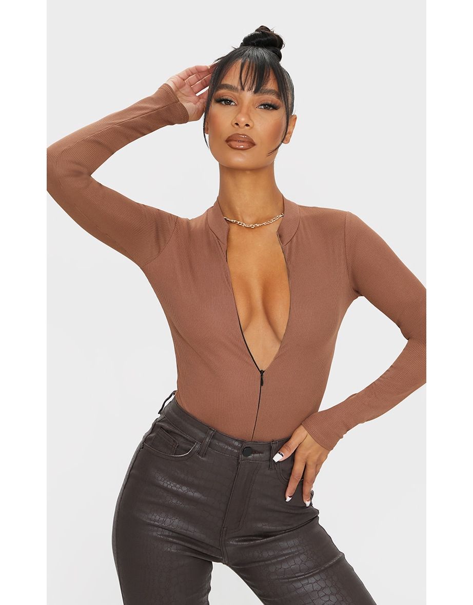 Brown Rib Zip Up Long Sleeve Bodysuit