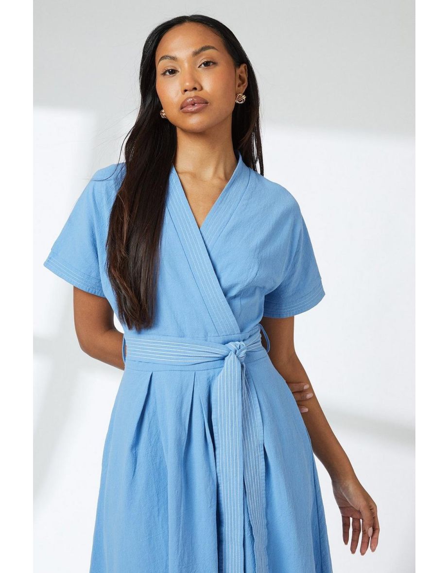 Contrast Stitch Cotton Belted Midi Dress - 3