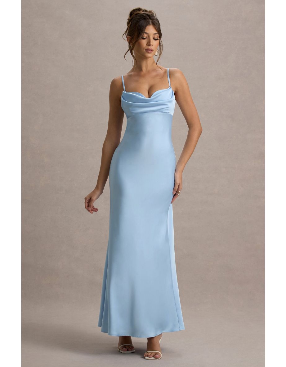 Eimear | Powder Blue Satin Draped Sweetheart Maxi Dress