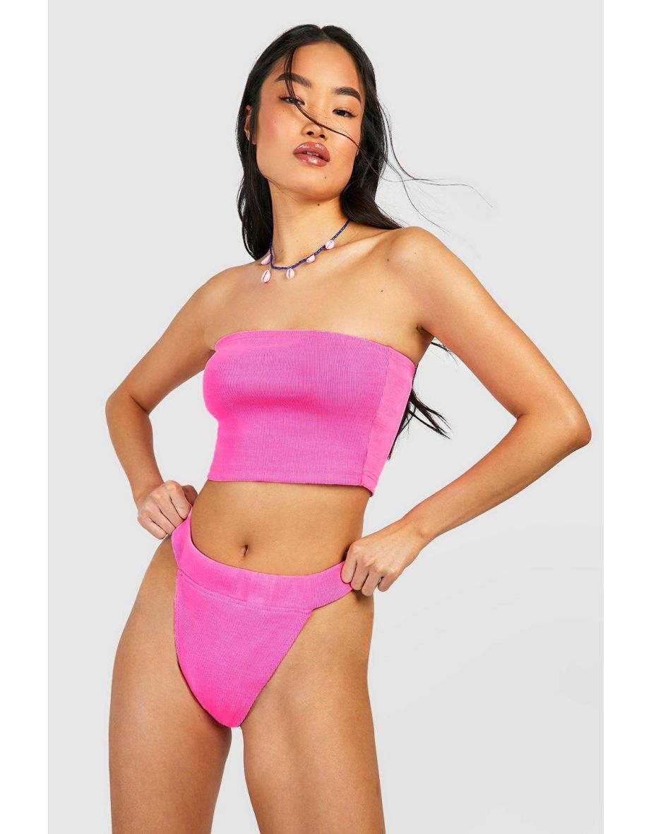Ribbed Bandeau And Tanga Pant Set - neon-pink