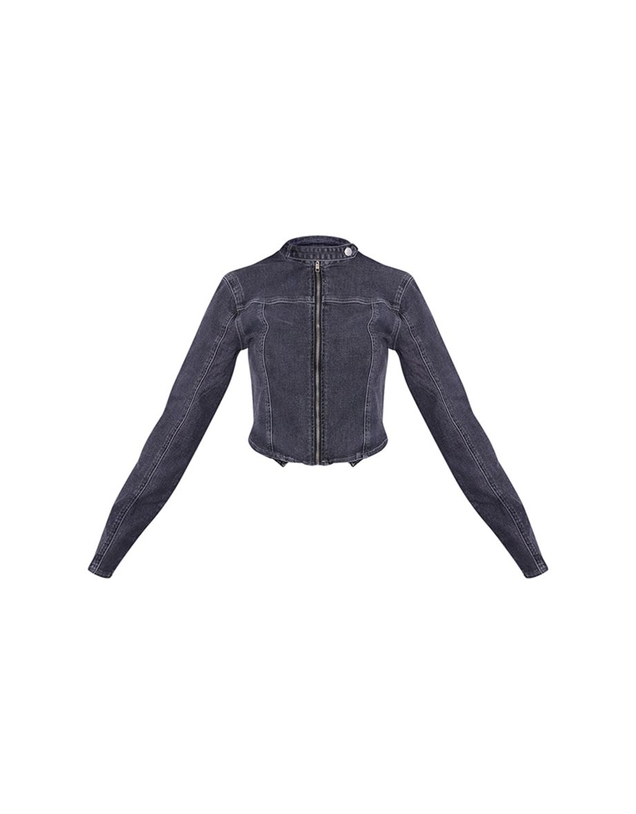 Washed Grey Dipped Hem Panelled Denim Racer Biker Jacket - 4
