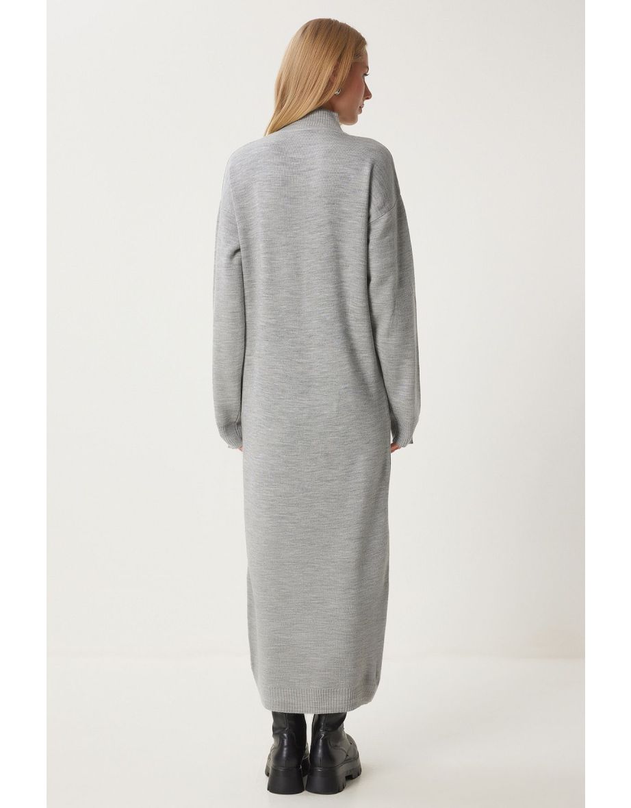 Women's Gray Melange Turtleneck Long Knit Dress - 5