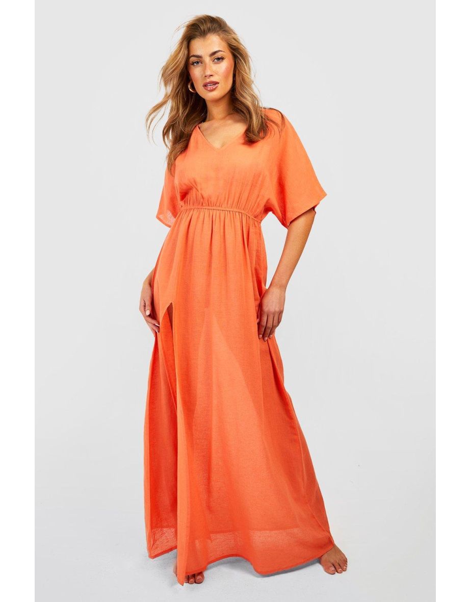 Linen Look Tie Waist Maxi Beach Kaftan Dress - tropical orange