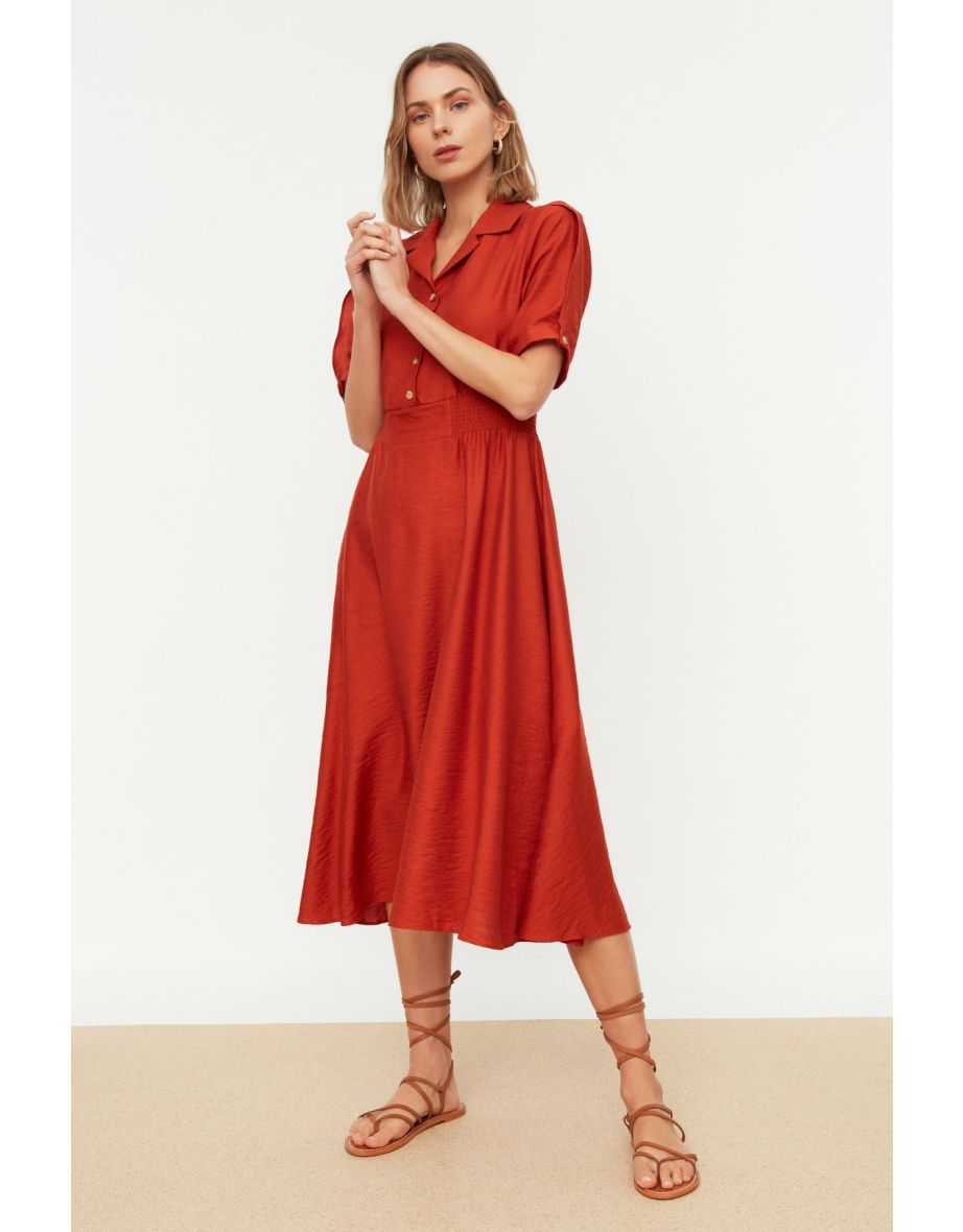 Orange A-line Shirt Collar Guiped Midi Woven Dress