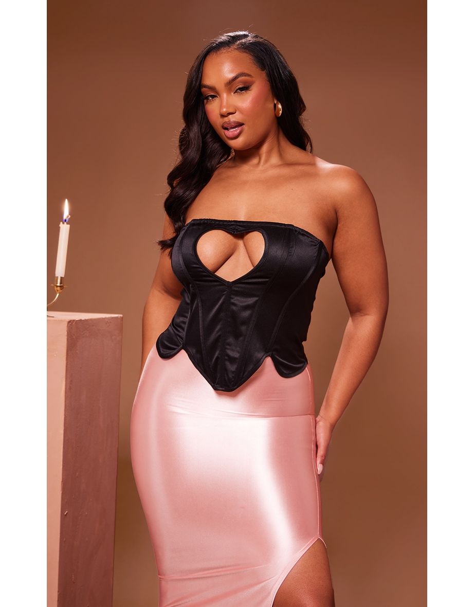 Plus Black Hammered Satin Heart Cut Out Corset