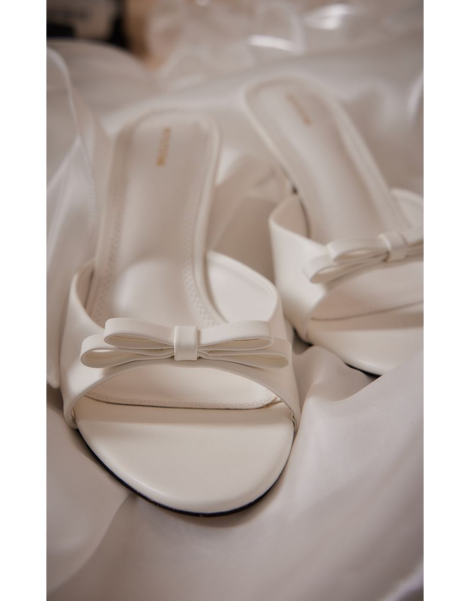 White Satin Round Toe Bow Strap Low Heel Mules - 3