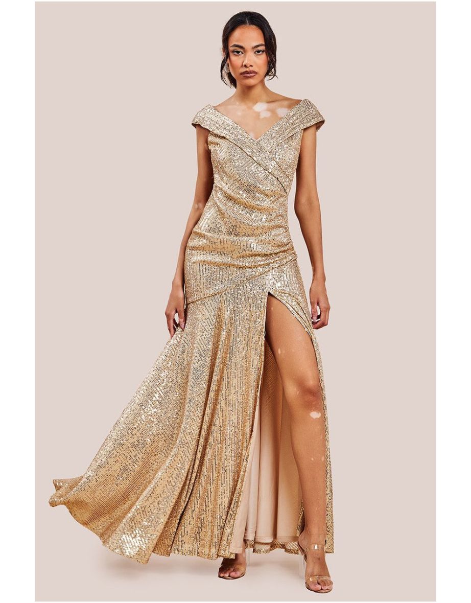 Goddiva Bardot Sequin Pleated Maxi Dress - Gold
