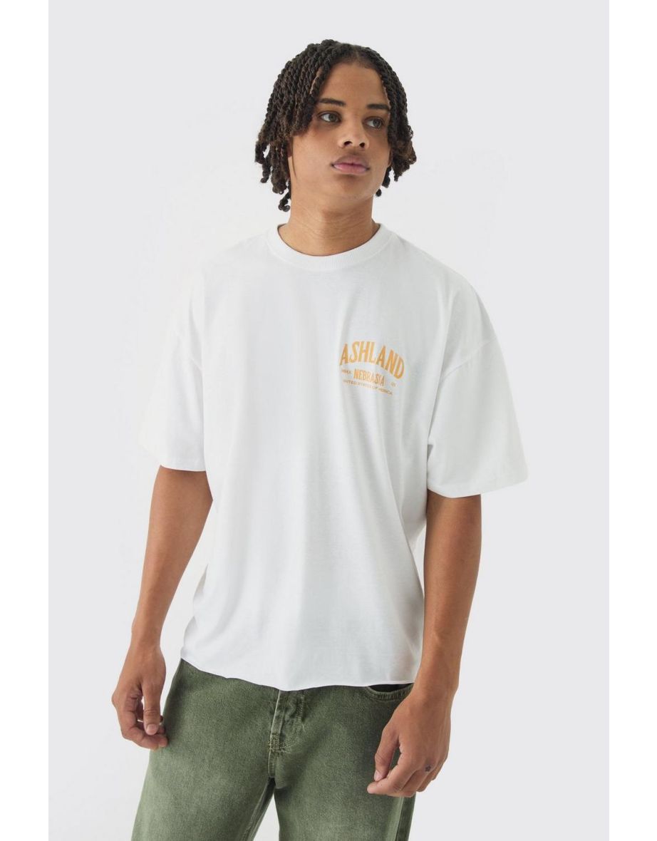 Oversized Boxy Ashland Printed Raw Hem T-Shirt - white