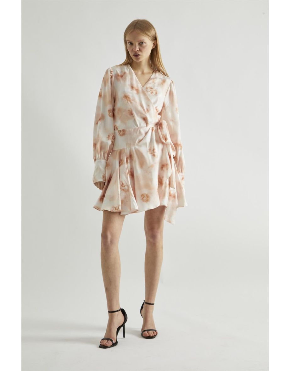 Peach-Watercolour Wrap Mini-dress