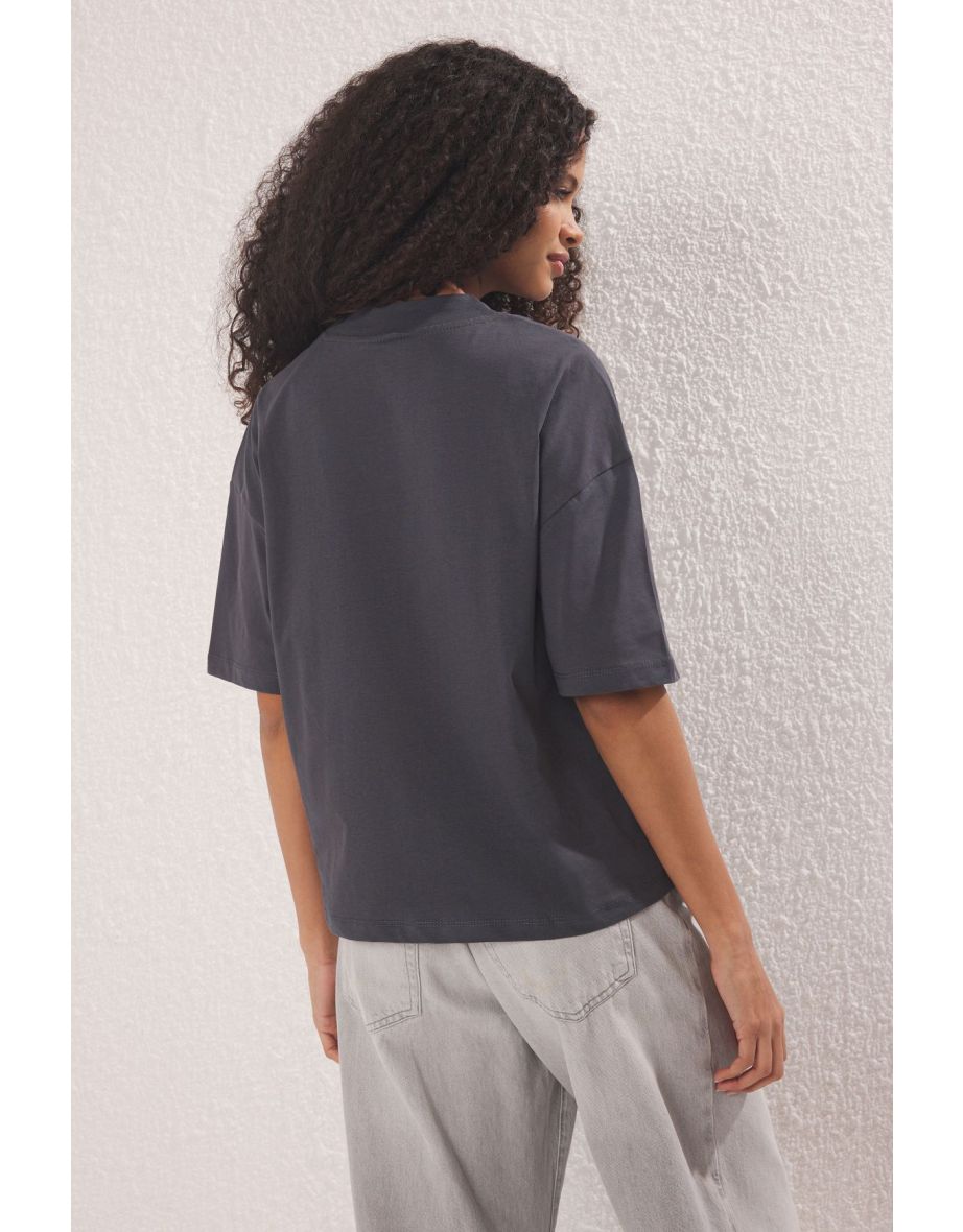 Anthracite 100% Cotton Stand Collar Three Quarter Sleeve Knitted T-Shirt - 3