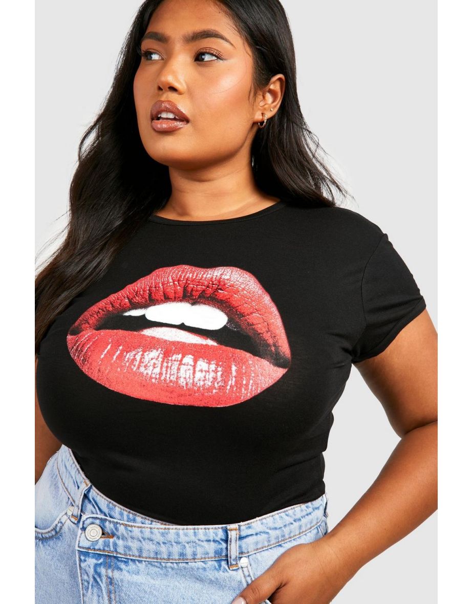 Plus Cap Sleeve Fitted Lips Graphic T-shirt - black - 3