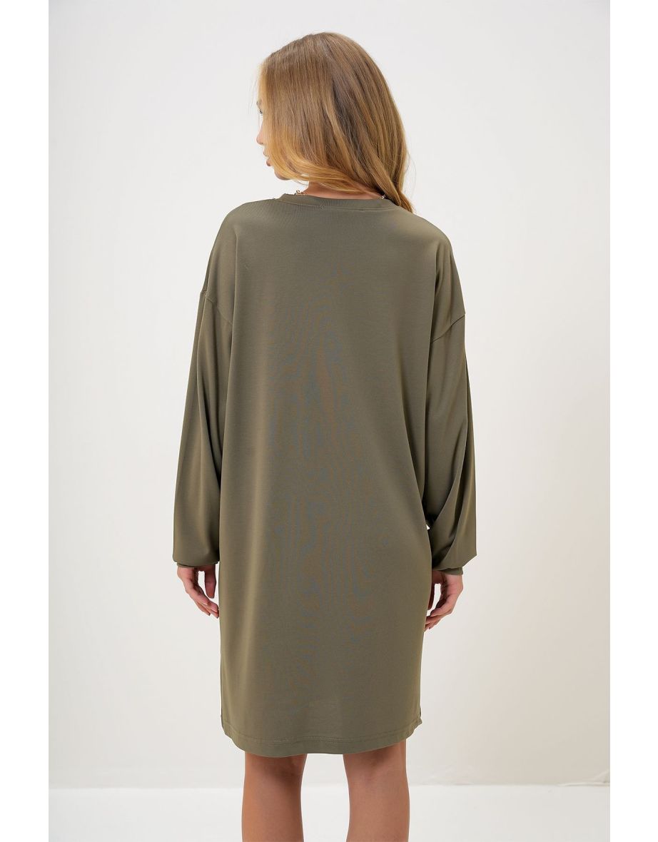 Women's Khaki Crew Neck Sweatshirt Dress - 4