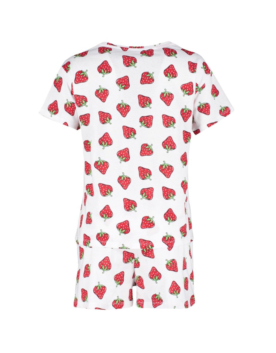 White 100% Cotton Strawberry Pattern T-shirt-Shorts Knitted Pajamas Set - 7
