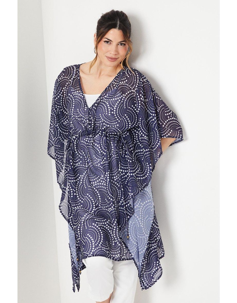 Navy Spot Chiffon Kaftan Dress