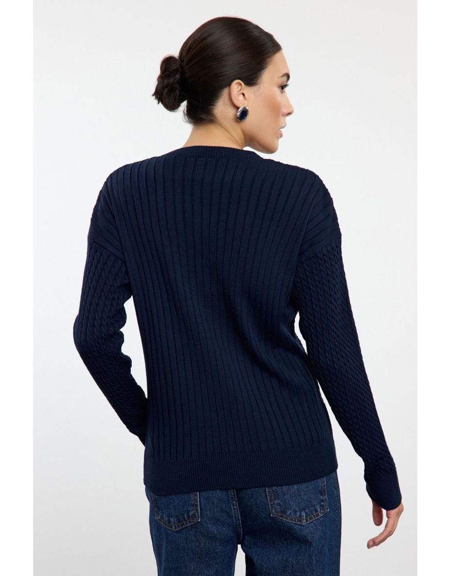 Navy Blue Wide Pattern Hair Braid Detailed Knitwear Sweater - 4