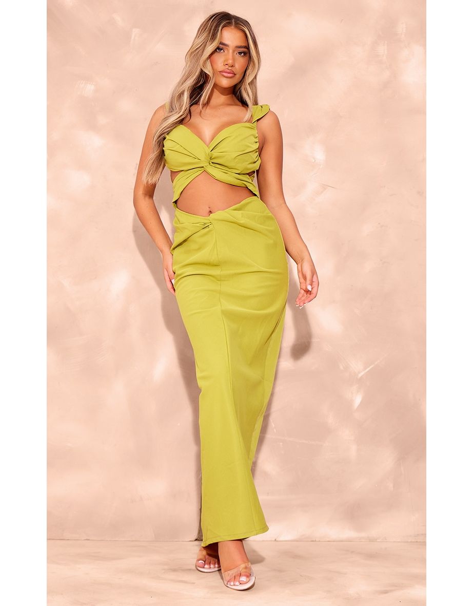 Shop Chartreuse Woven Cut Out Knot Front Detail Capped Sleeve Maxi Dress Online in Bahrain VogaCloset