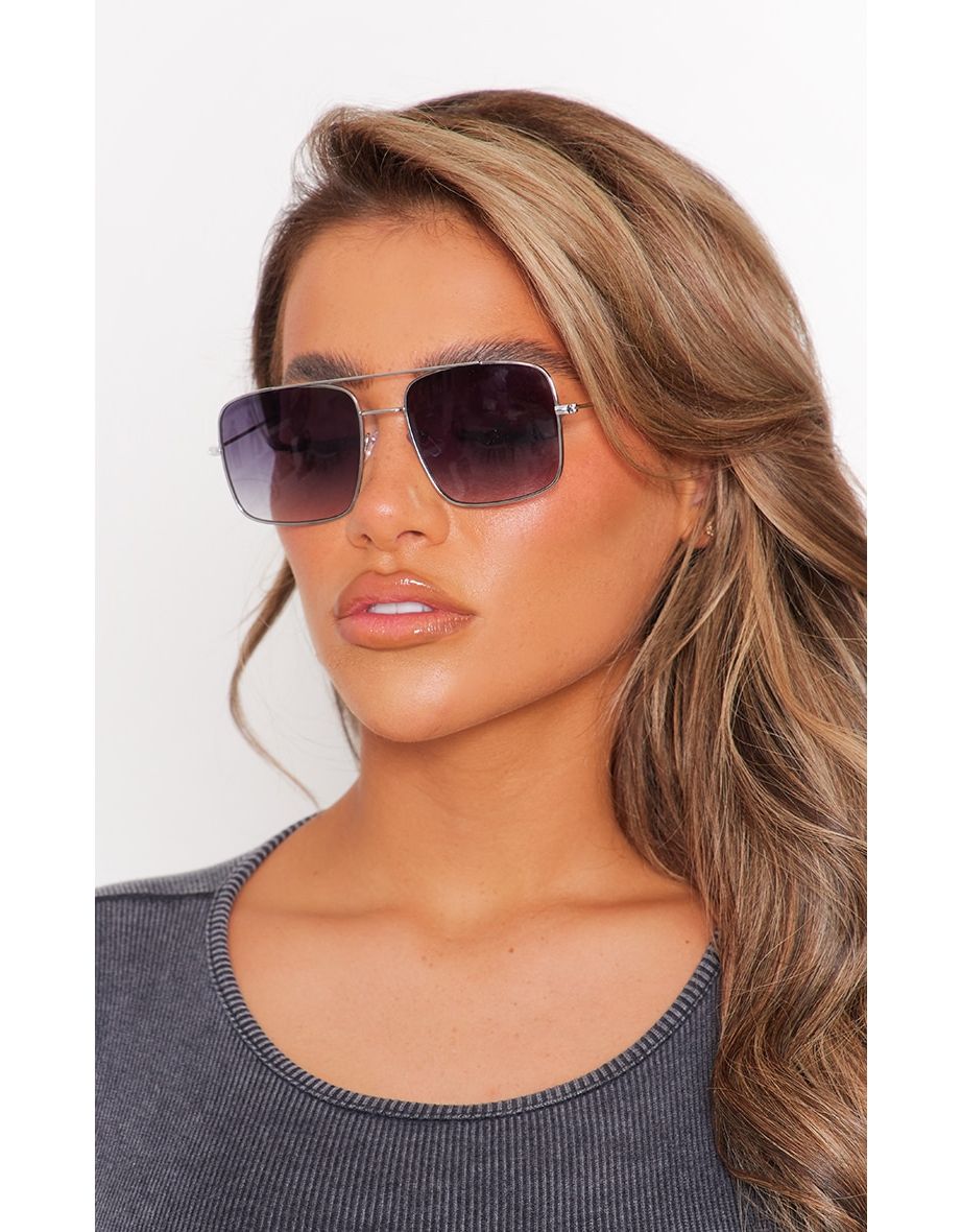 Silver Metal Square Frame Aviator Sunglasses