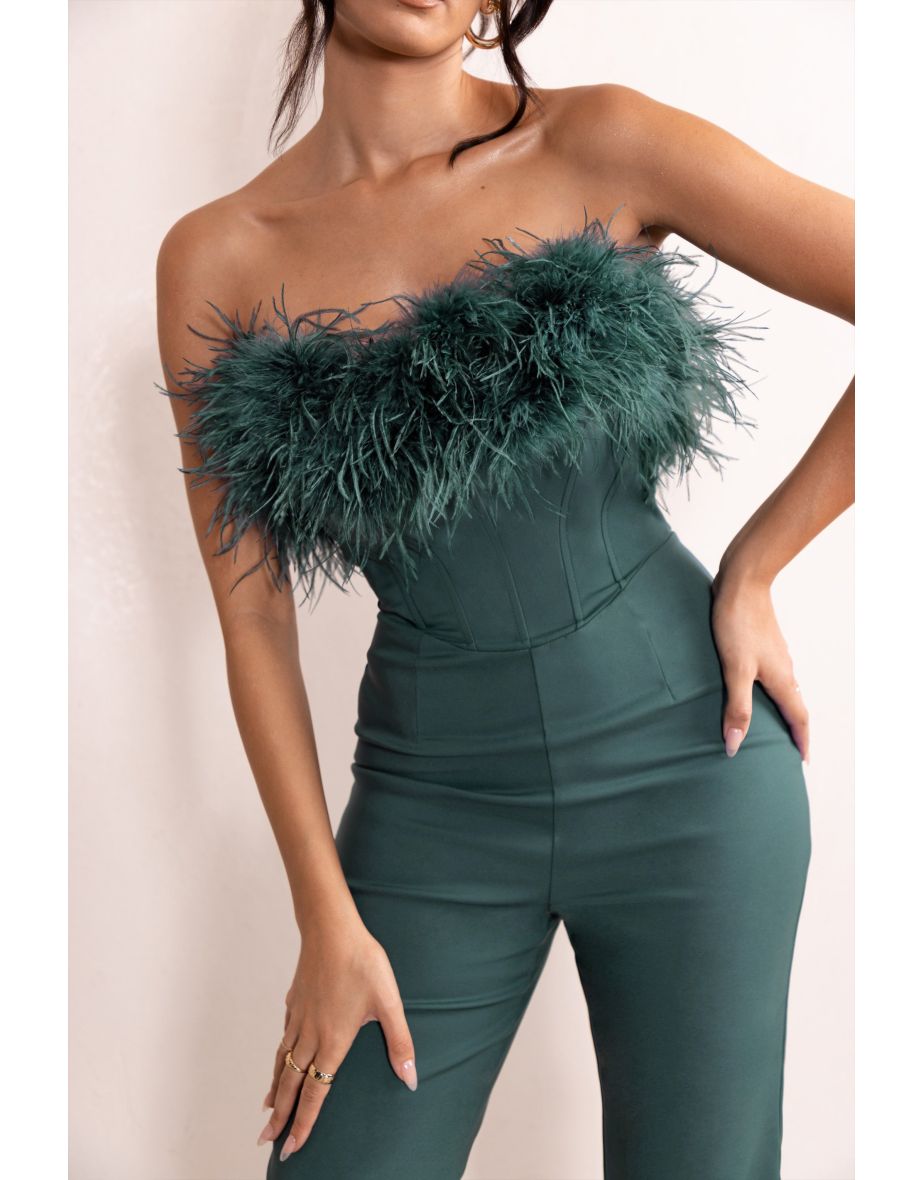 Tessa | Bottle Green Shaped Neckline Corset Jumpsuit With Feather Trim Detail - 3