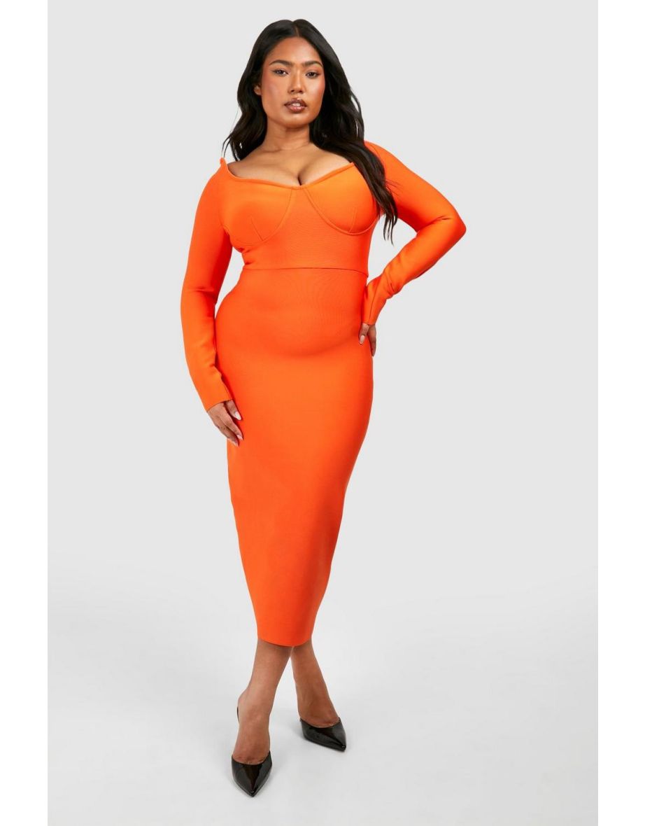 Plus Bandage Off Shoulder Long Sleeve Midaxi Dress - burnt orange