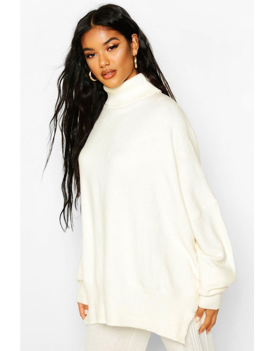 Oversized Turtle Neck Knitted Jumper - ivory - 3