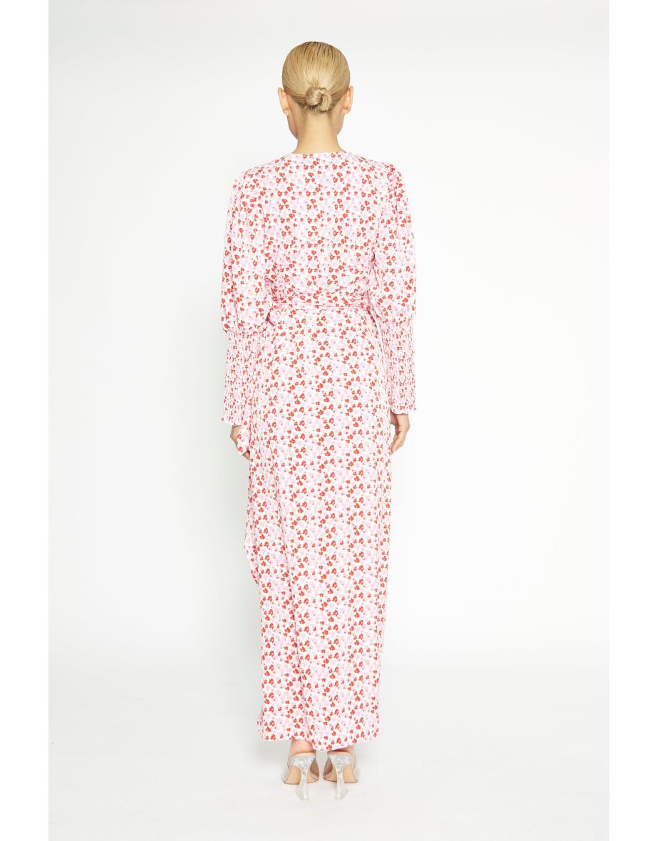 White-Red-Pink-Floral Wrap Maxi Dress - 3