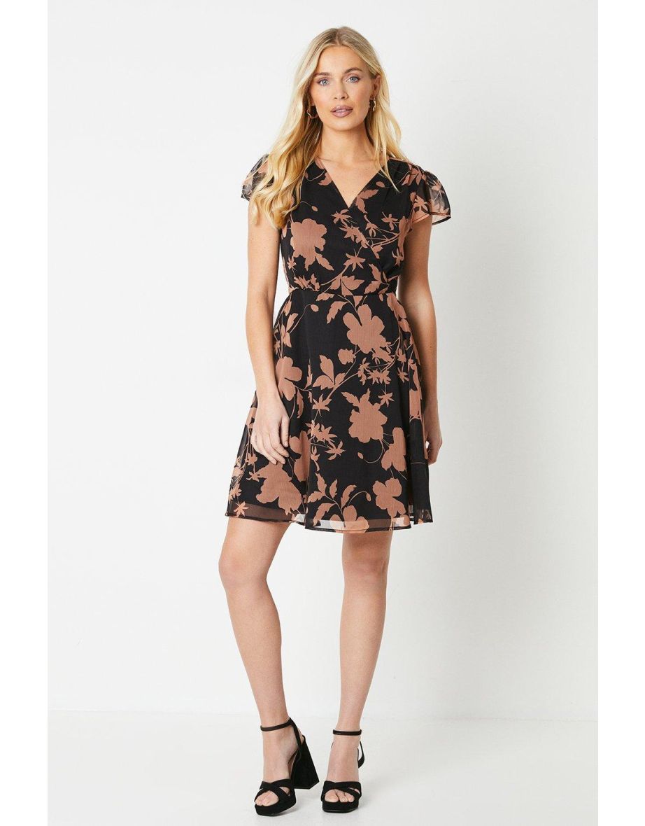 Petite Floral Mini Wrap Dress - black