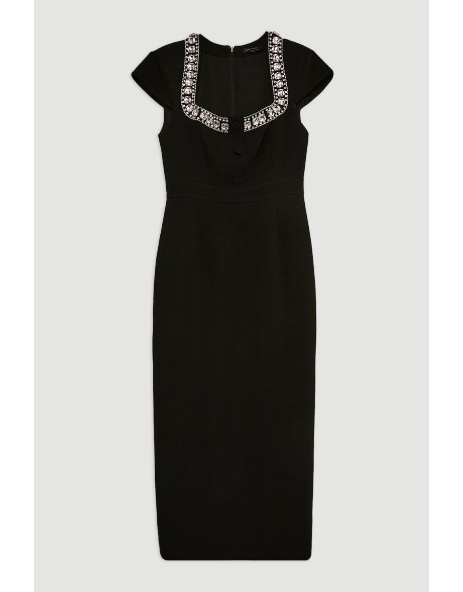Tailored Compact Viscose Stretch Embellished Cap Sleeve Midi Dress - 3