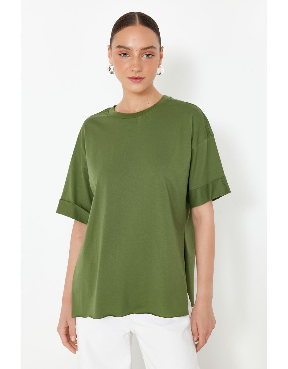 Khaki 100% Cotton Double Sleeve Asymmetrical Boyfriend Knitted T-Shirt