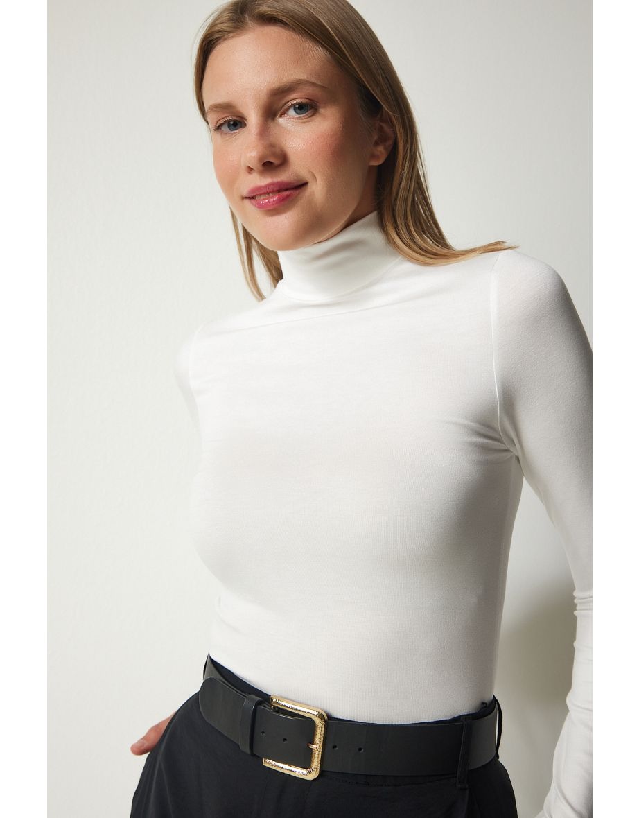 Shop Women s Ecru High Neck Wrap Elastic Knitted Blouse Online in Qatar VogaCloset