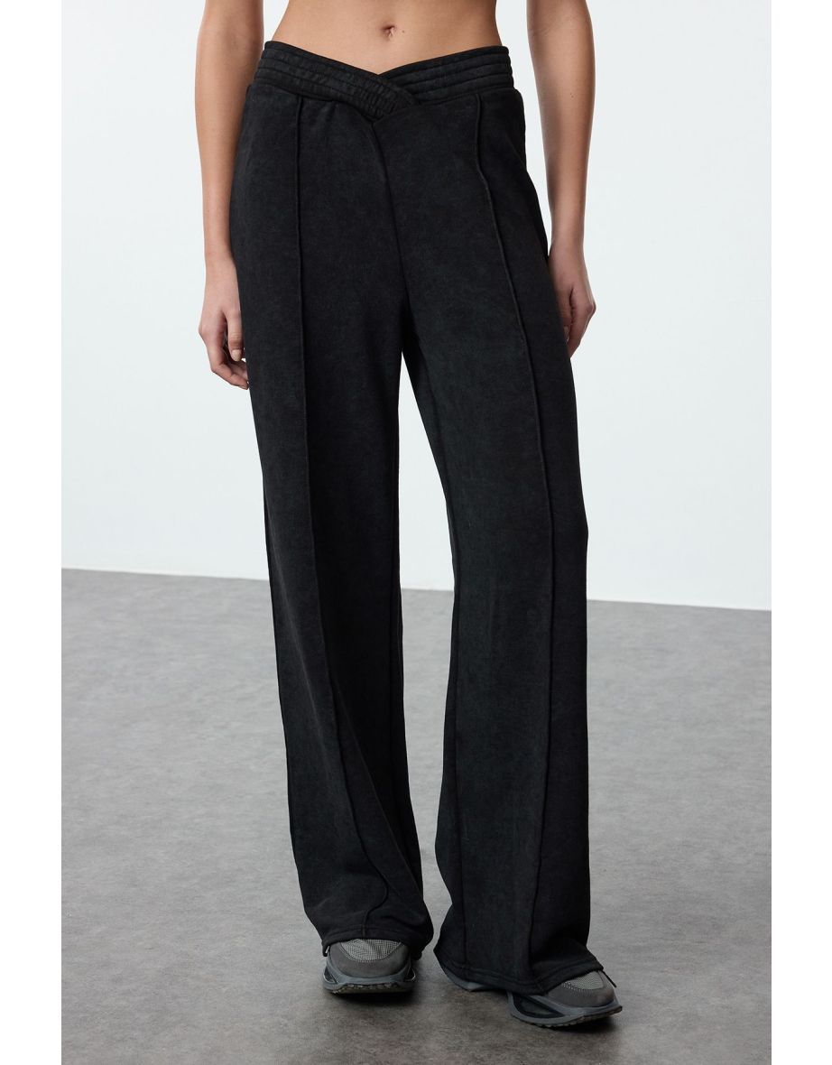 Black Faded Effect Thick Wide Leg Knitted Sweatpants with Waist Detail - 4