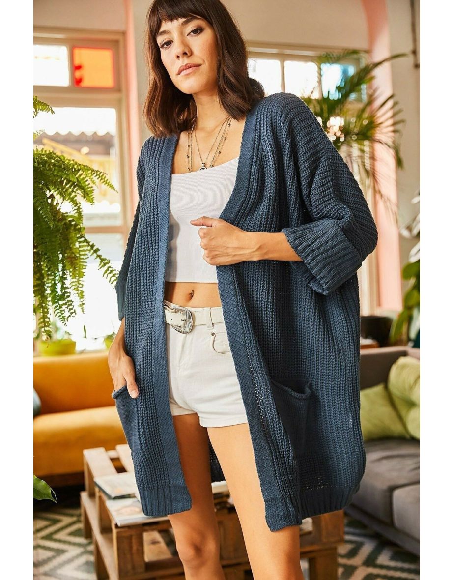 Women's Indigo Sleeve Folded Pocket Loose Knitwear Cardigan