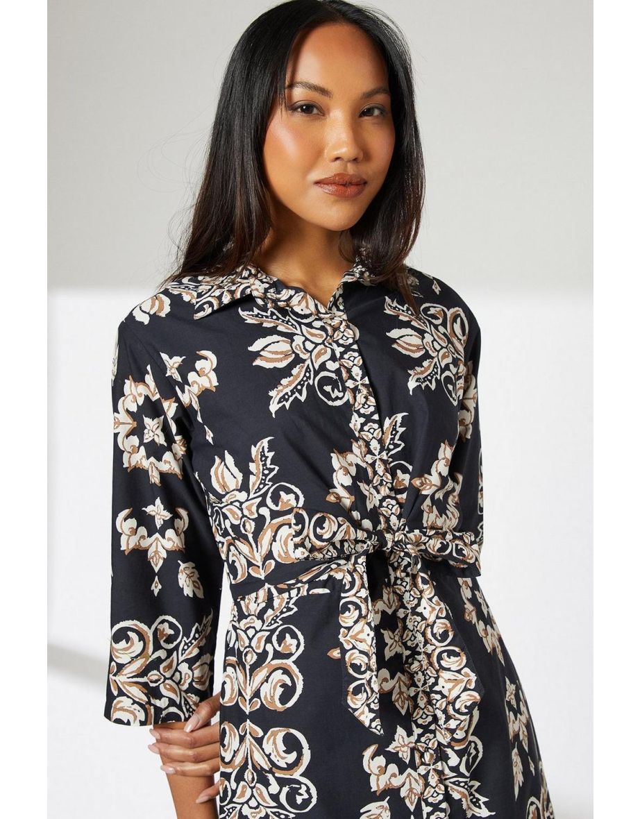 Black Tile Print Tie Front Midaxi Shirt Dress - 3