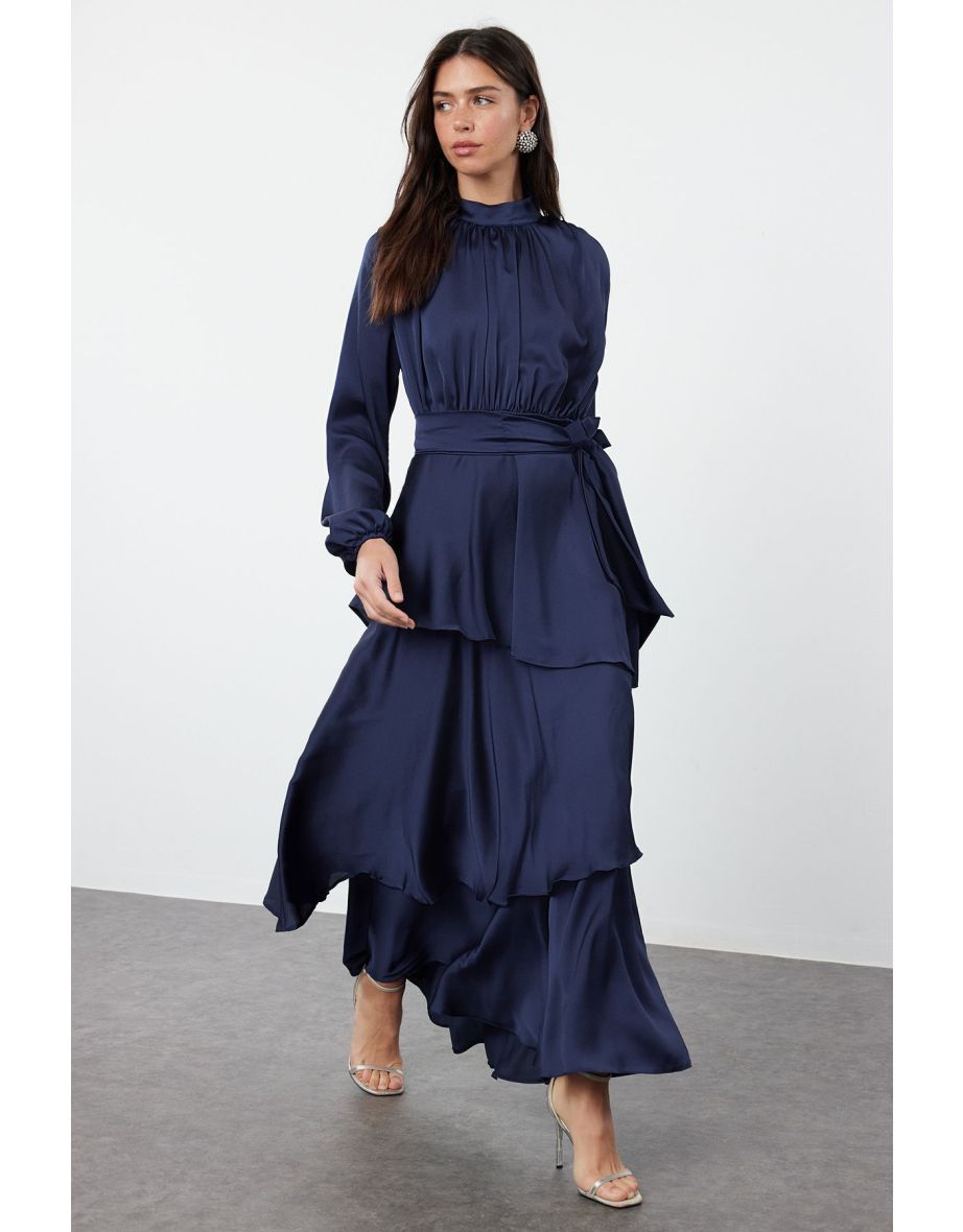 Navy Blue Skirt Layered Satin Woven Evening Dress/Night Dress