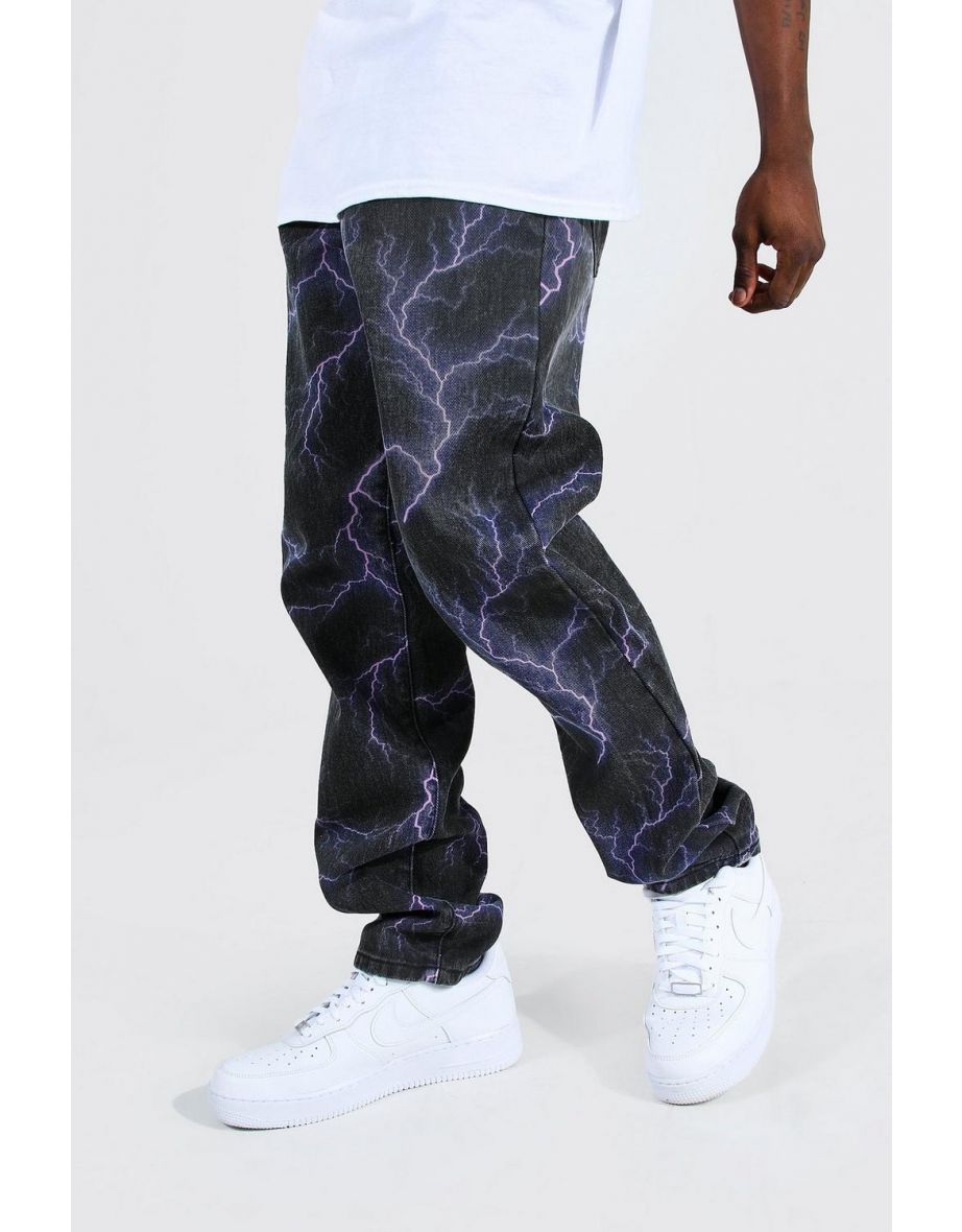 Relaxed Fit Lightning Printed Jeans - purple