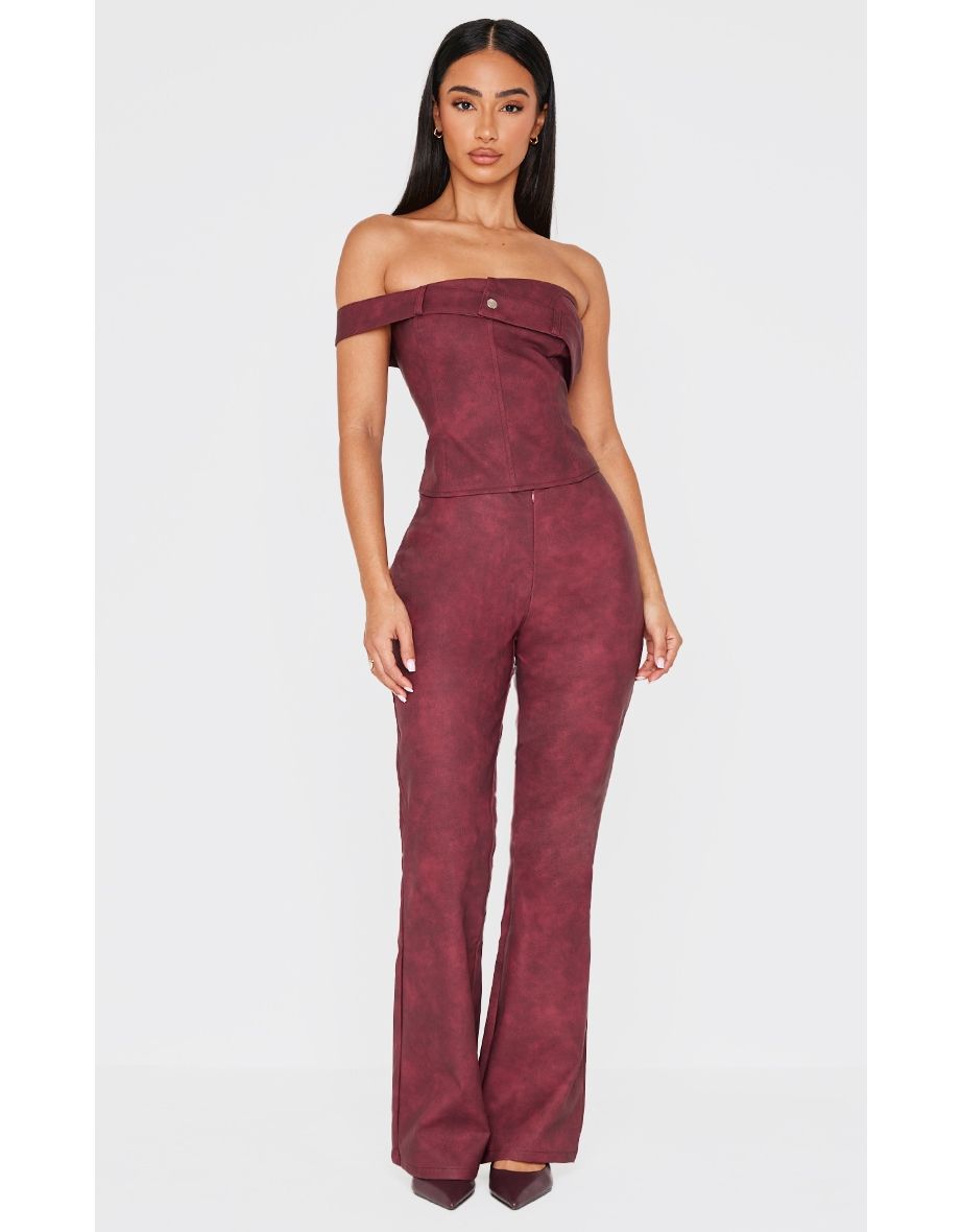 Petite Burgundy Faux Leather Zip Front Flared Trousers
