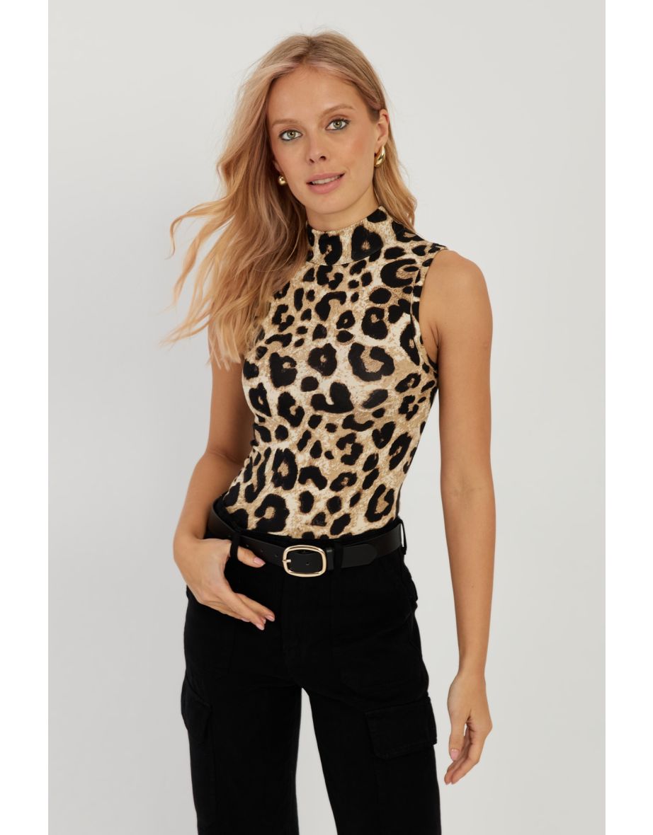 Women's Camel-Black Leopard Patterned Sleeveless Blouse