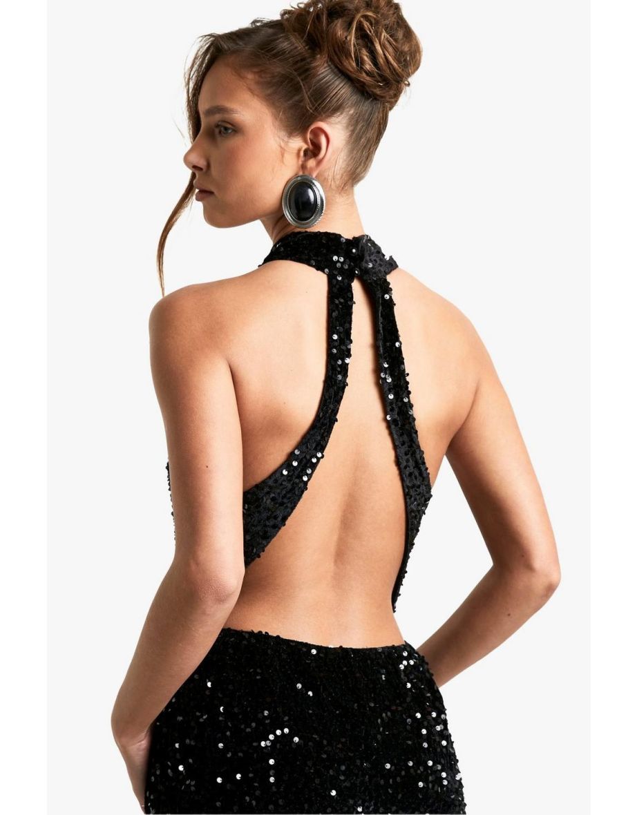 Velvet Sequin Halterneck Jumpsuit - black - 3